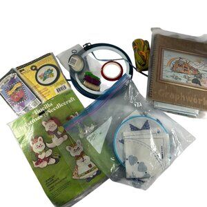 Mixed Needlepoint Craft Lot Kits Hoops Thread READ
